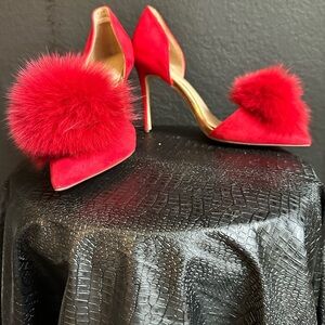 Elegant Red Women's Heels with Pom-Pom Detail